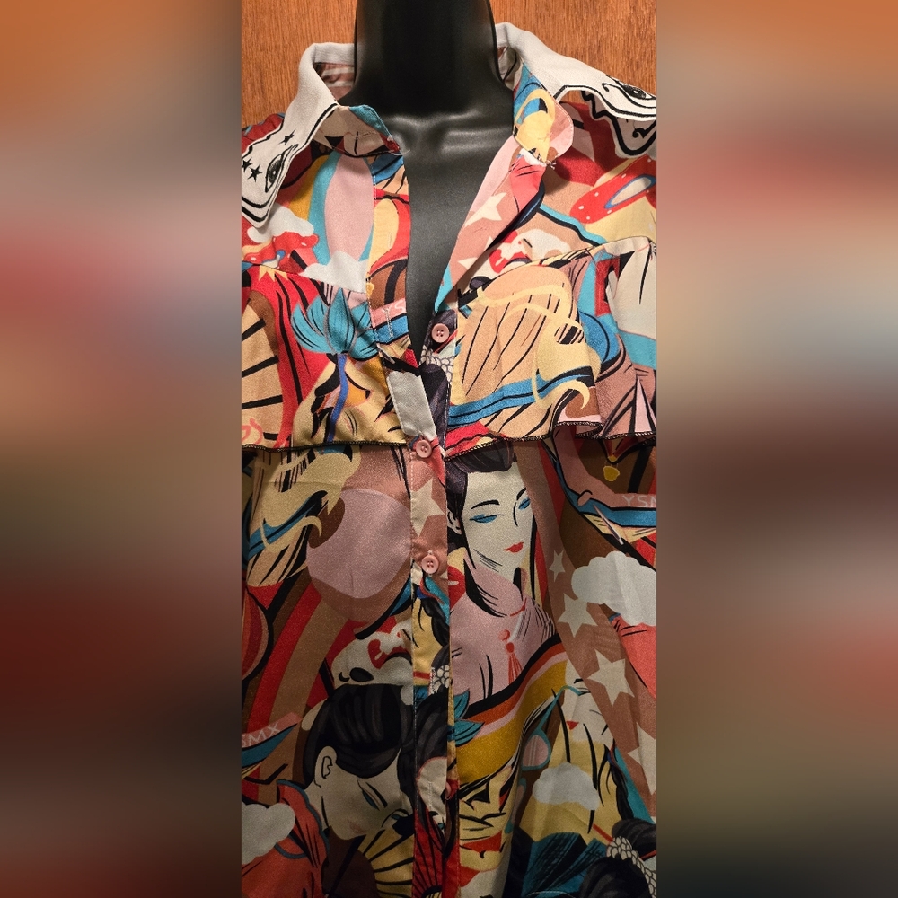 HOST PICK! ๐Qing Pinz GORGEOUS embroidered ruffle colorful art top szM - Picture 5 of 10